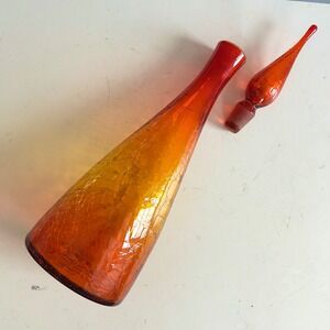 VTG Blenko Tangerine Amberina Crackle Glass Genie Decanter w/ stopper 16.5" MCM